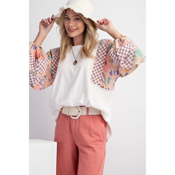 ⭐⭐Easel Plus Size Boho Patchwork Cotton Floral Top, Mineral Wash Tee - Picture 3 of 5